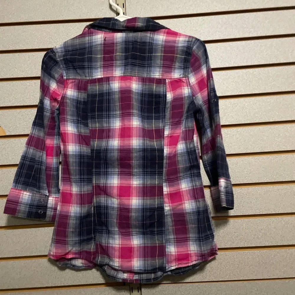 Arizona Jean Company Girls Plaid‎ Button Up Shirt 3/4 Sleeve Size Medium - Picture 4 of 6
